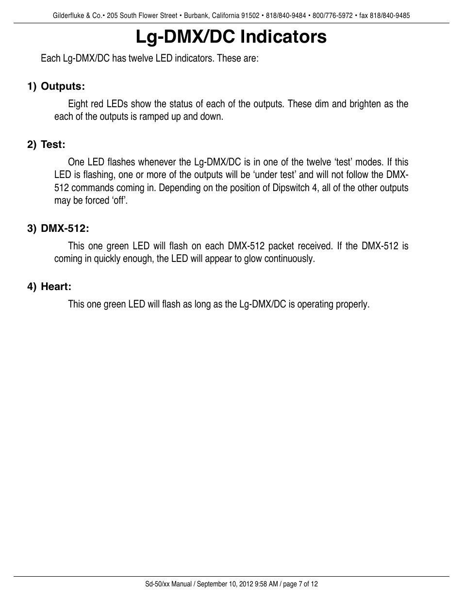 Lg-dmx/dc indicators, Outputs, Test | Dmx-512, Heart | Gilderfluke&Co DMX-512 Input DC Dimmer User Manual | Page 7 / 12