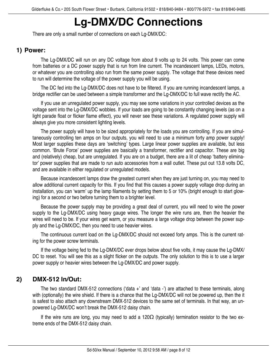 Lg-dmx/dc connections, Power, Dmx-512 in/out | Gilderfluke&Co DMX-512 Input DC Dimmer User Manual | Page 8 / 12