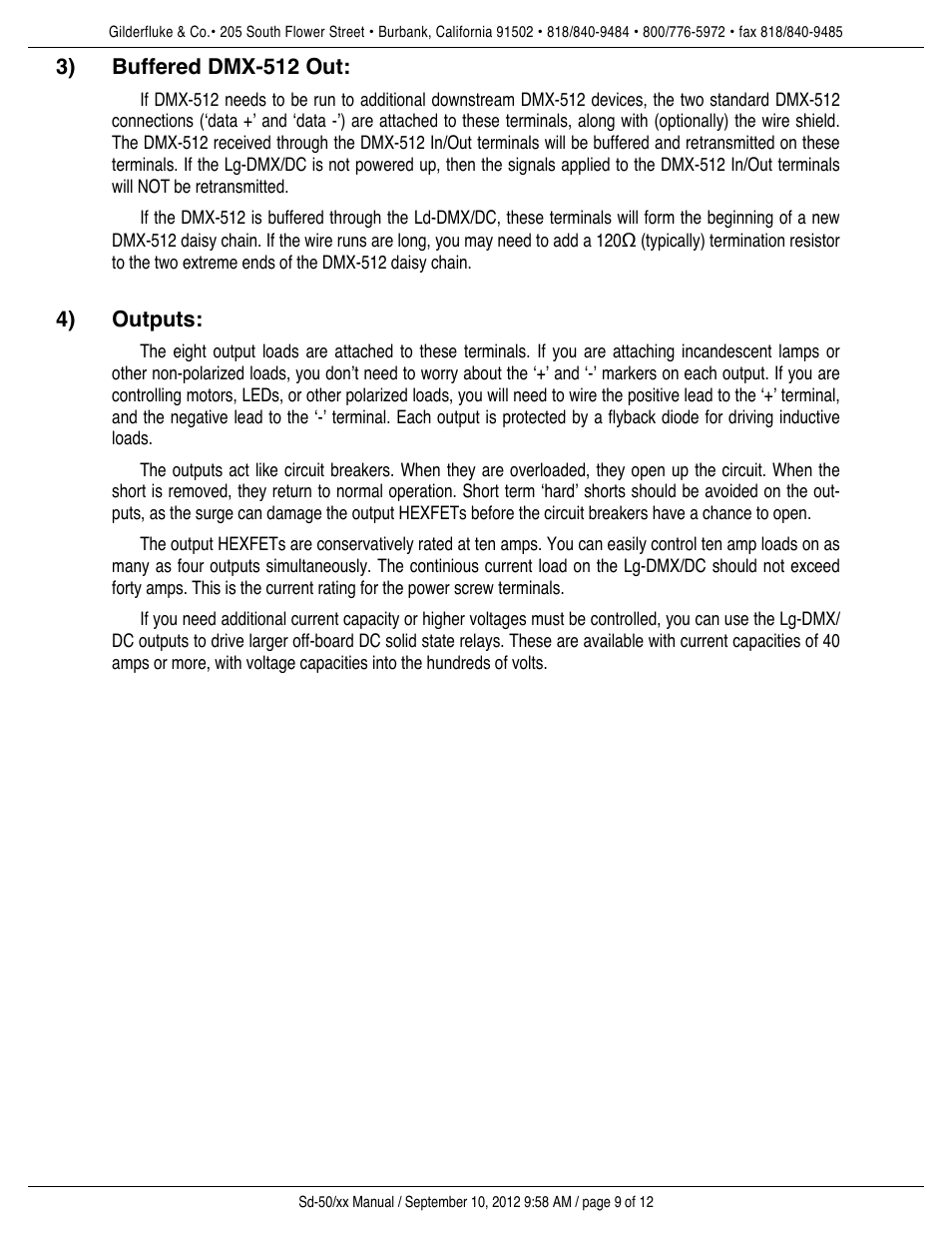 Buffered dmx-512 out, Outputs | Gilderfluke&Co DMX-512 Input DC Dimmer User Manual | Page 9 / 12