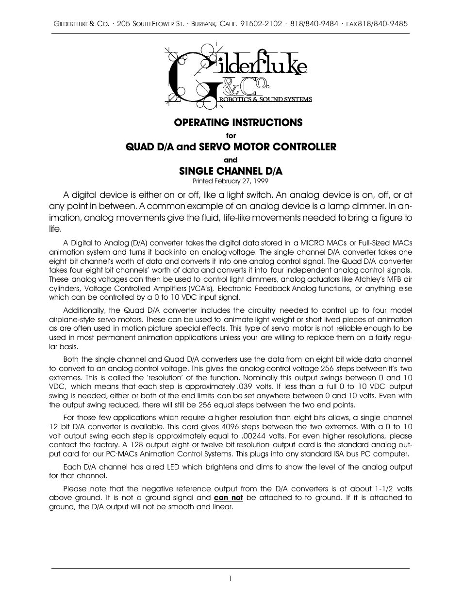 Gilderfluke&Co Quad D/A and Single Channel D/A User Manual | 6 pages