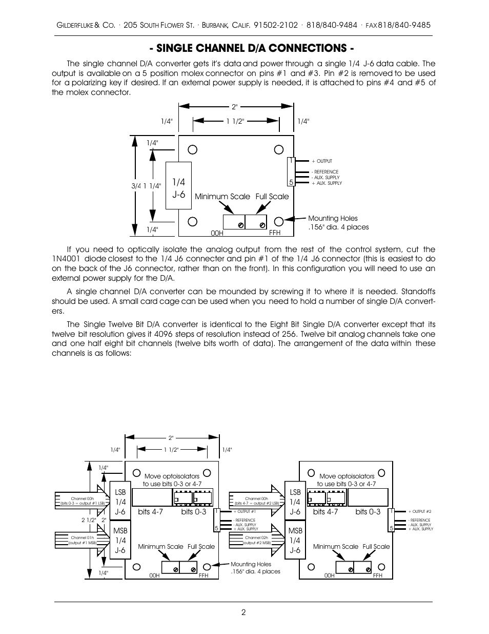 Single channel d/a connections, 1/4 j-6 | Gilderfluke&Co Quad D/A and Single Channel D/A User Manual | Page 2 / 6