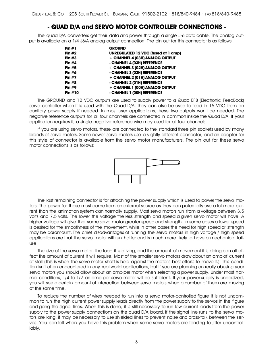 Quad d/a and servo motor controller connections | Gilderfluke&Co Quad D/A and Single Channel D/A User Manual | Page 3 / 6