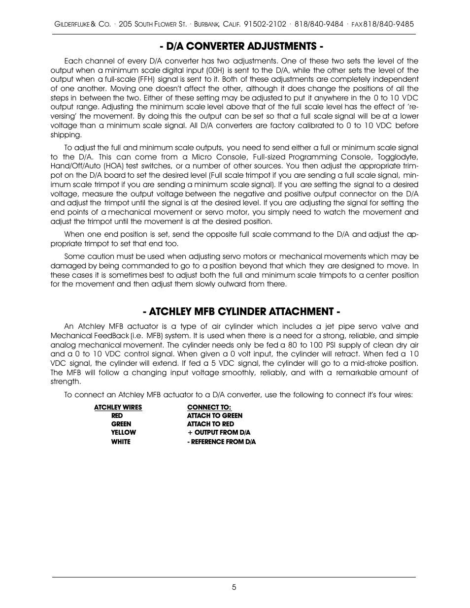 D/a converter adjustments, Atchley mfb cylinder attachment | Gilderfluke&Co Quad D/A and Single Channel D/A User Manual | Page 5 / 6
