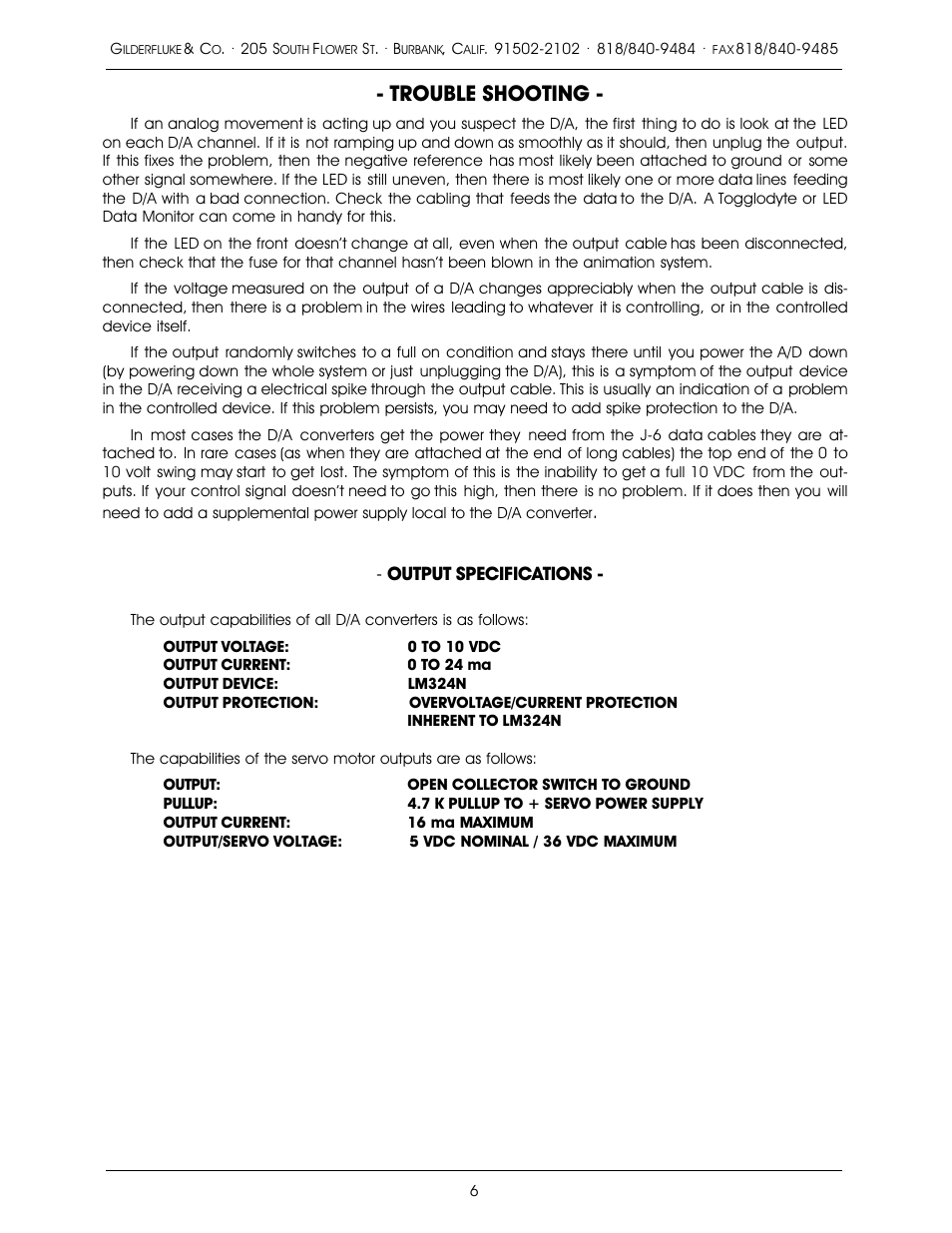 Trouble shooting | Gilderfluke&Co Quad D/A and Single Channel D/A User Manual | Page 6 / 6