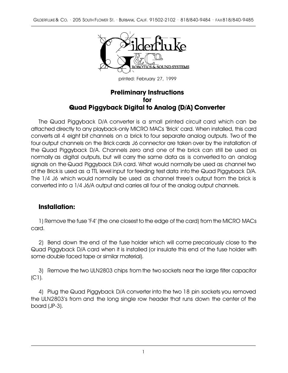 Gilderfluke&Co Quad Piggyback Digital to Analog converter User Manual | 3 pages