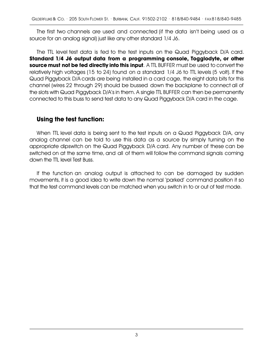 Using the test function | Gilderfluke&Co Quad Piggyback Digital to Analog converter User Manual | Page 3 / 3