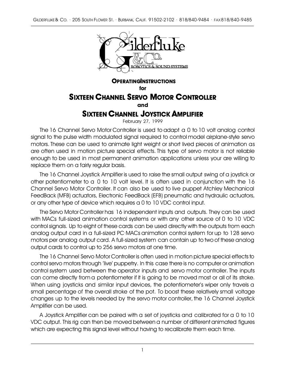 Gilderfluke&Co Sixteen Channel Servo Controller and Joystick Amp User Manual | 8 pages