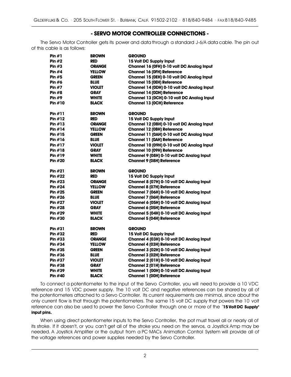 Servo motor controller connections | Gilderfluke&Co Sixteen Channel Servo Controller and Joystick Amp User Manual | Page 2 / 8