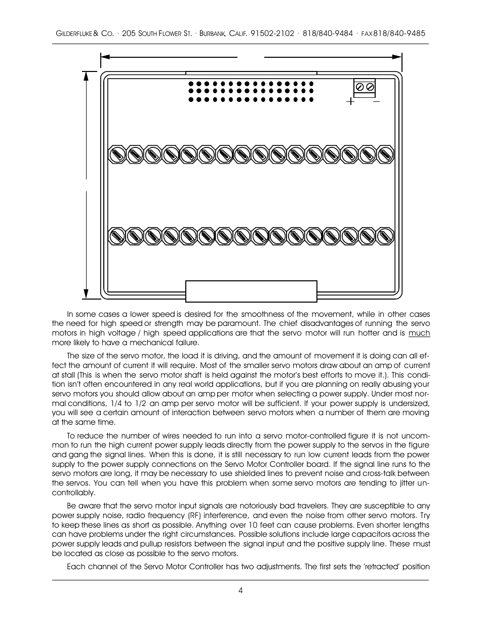 J-6a input, Stroke adjustments retract adjustments, Servo motor outputs | Gilderfluke&Co Sixteen Channel Servo Controller and Joystick Amp User Manual | Page 4 / 8