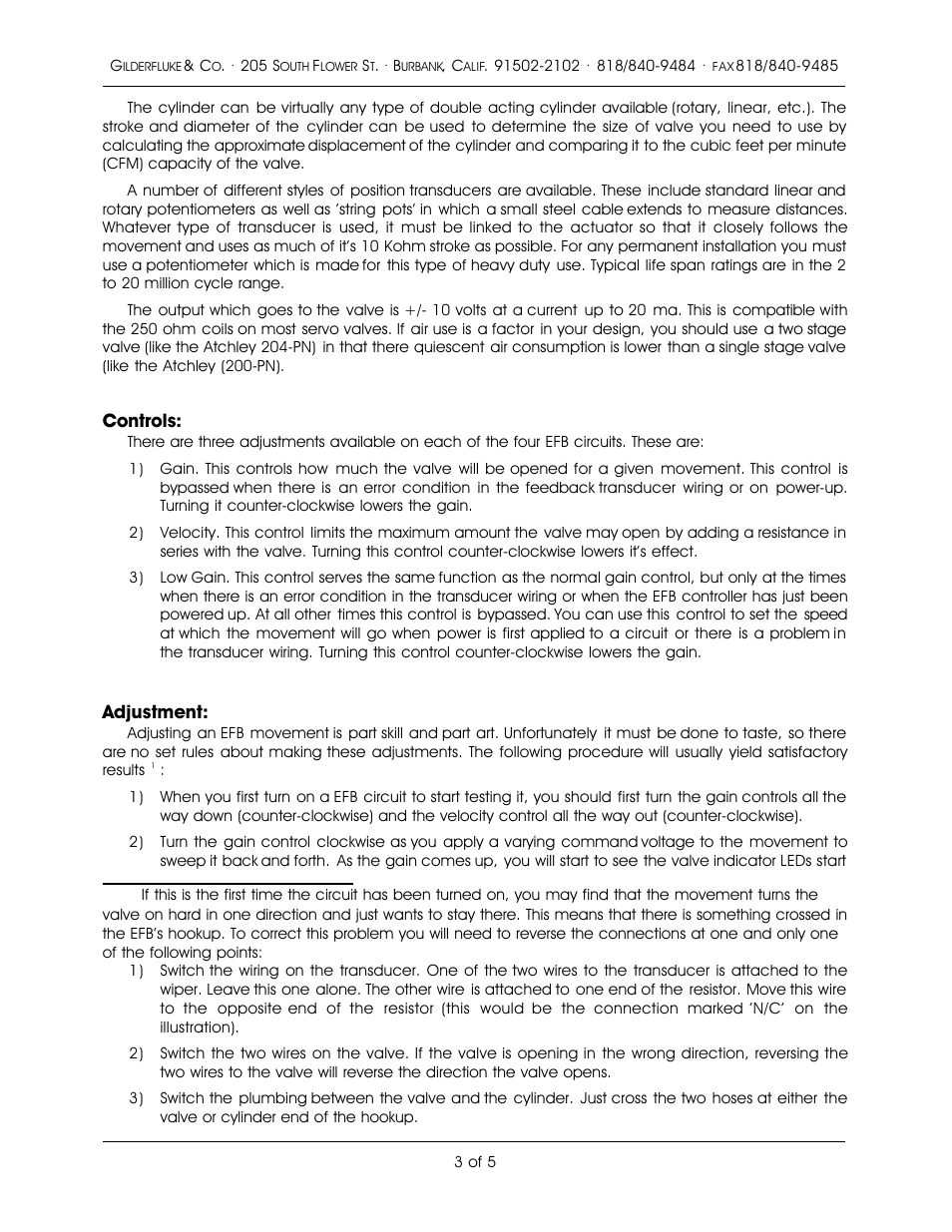 Controls, Adjustment | Gilderfluke&Co old EFB Controllers User Manual | Page 3 / 5