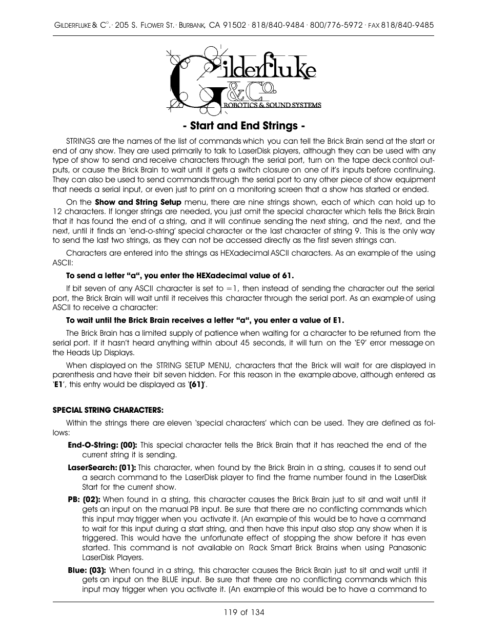 Start and end strings | Gilderfluke&Co old Smart Brick Manual User Manual | Page 129 / 144