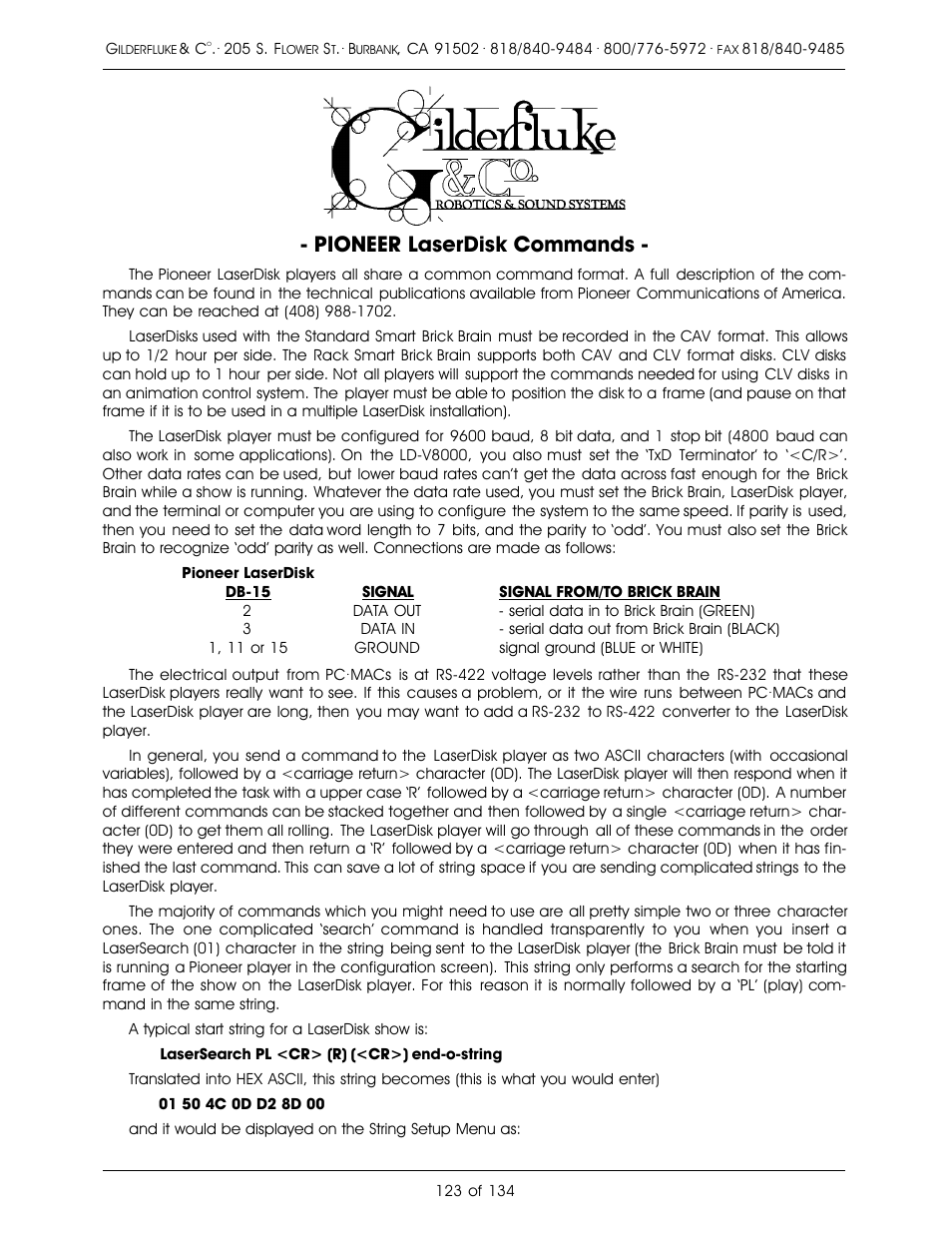 Pioneer laserdisk commands | Gilderfluke&Co old Smart Brick Manual User Manual | Page 133 / 144