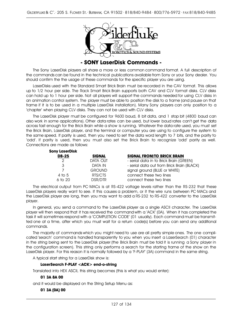 Sony laserdisk commands | Gilderfluke&Co old Smart Brick Manual User Manual | Page 137 / 144