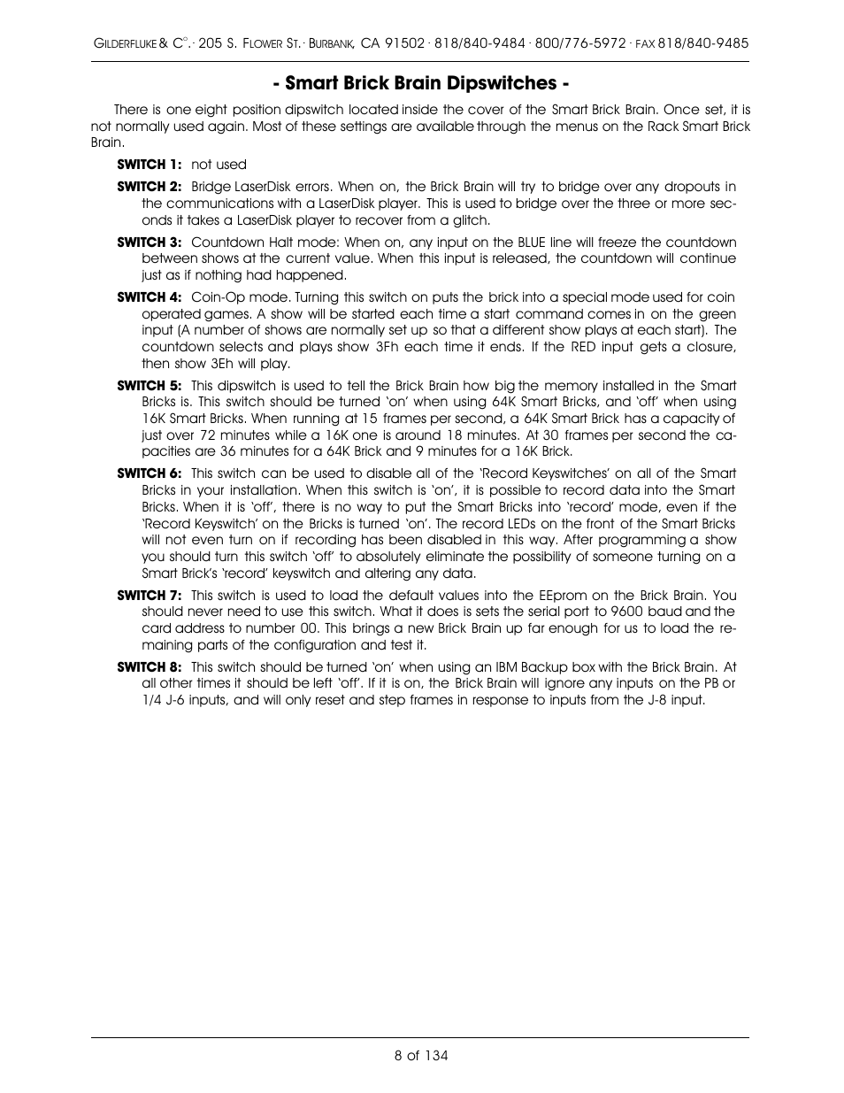 Smart brick brain dipswitches | Gilderfluke&Co old Smart Brick Manual User Manual | Page 18 / 144