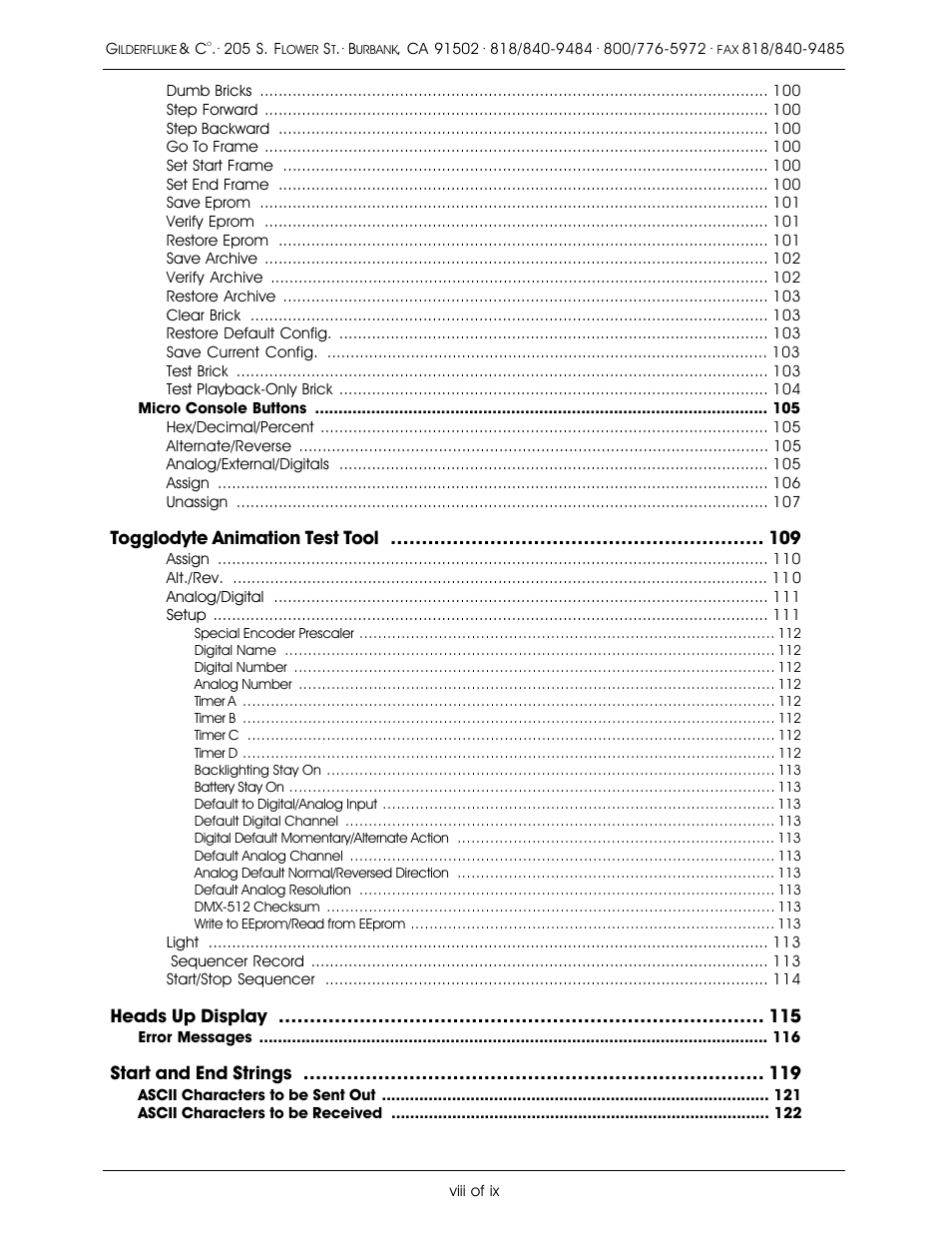 Togglodyte animation test tool, Heads up display, Start and end strings | Gilderfluke&Co old Smart Brick Manual User Manual | Page 8 / 144