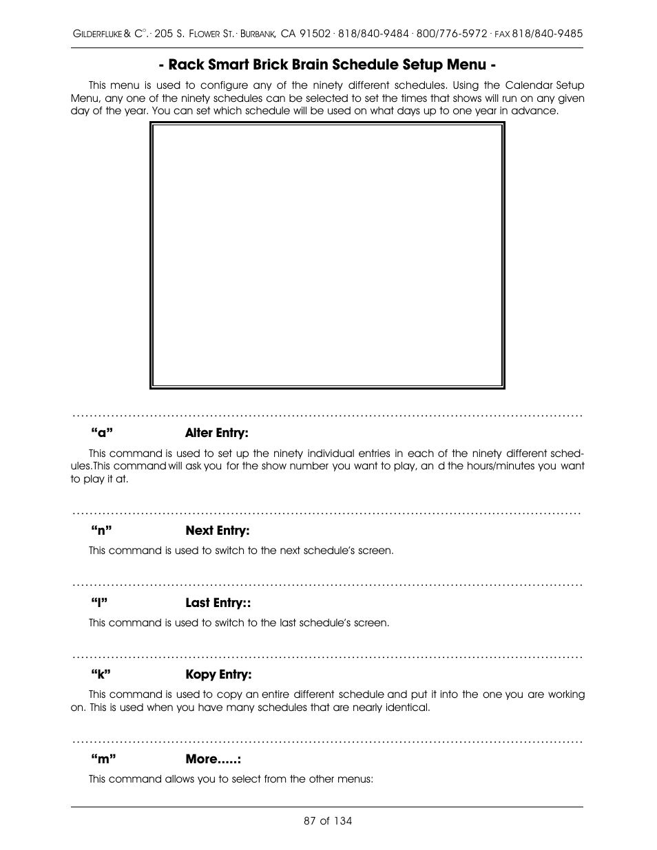 Rack smart brick brain schedule setup menu | Gilderfluke&Co old Smart Brick Manual User Manual | Page 97 / 144