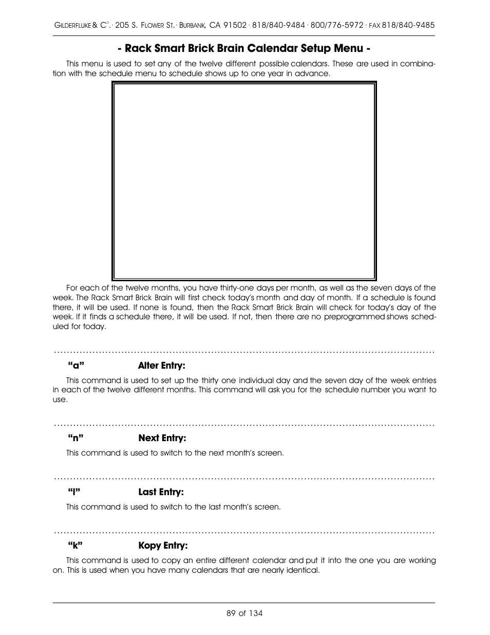 Rack smart brick brain calendar setup menu | Gilderfluke&Co old Smart Brick Manual User Manual | Page 99 / 144