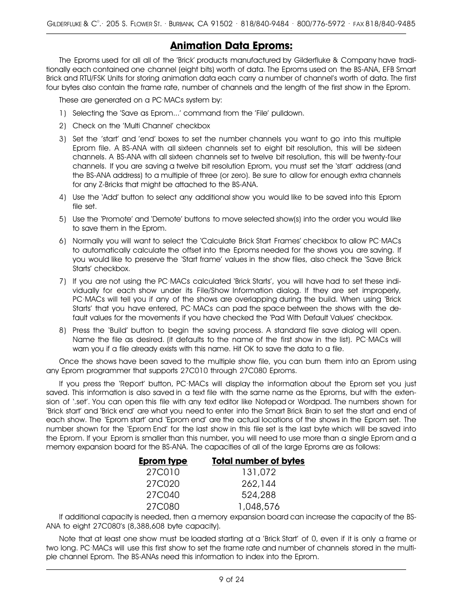 Animation data eproms | Gilderfluke&Co Analog Output Smart Brick (ver 2.nn w/Eprom memory) User Manual | Page 13 / 28