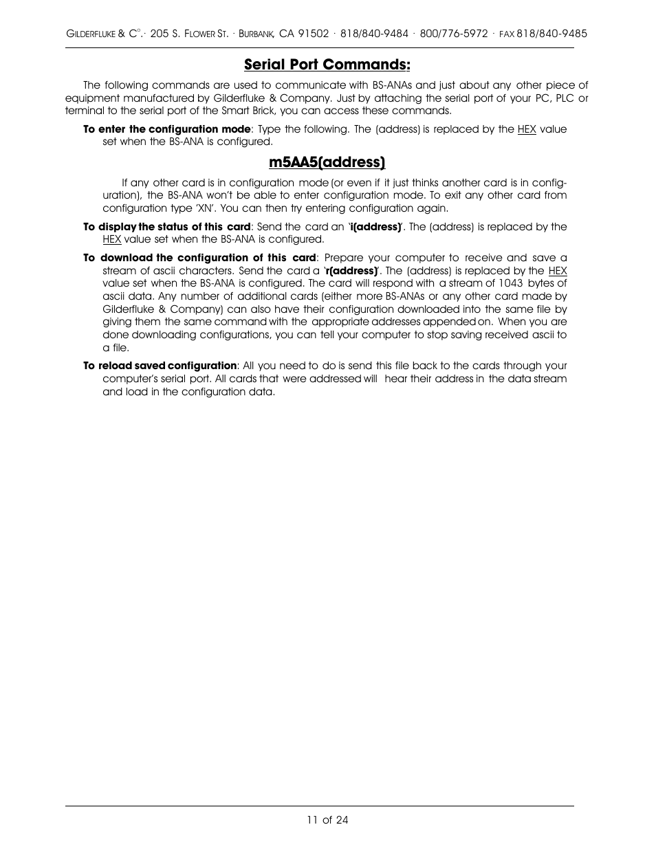 Serial port commands, M5aa5(address) | Gilderfluke&Co Analog Output Smart Brick (ver 2.nn w/Eprom memory) User Manual | Page 15 / 28