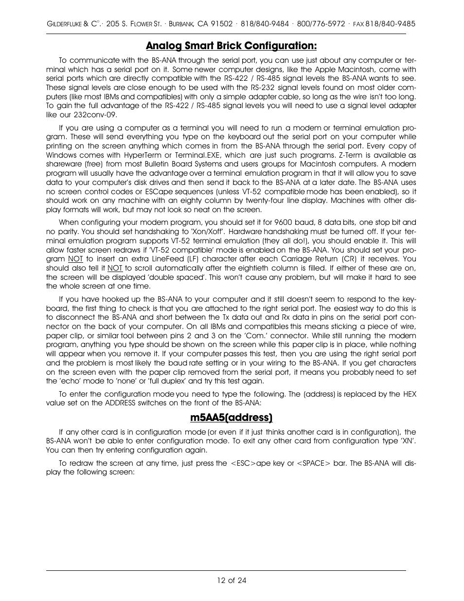 Analog smart brick configuration, M5aa5(address) | Gilderfluke&Co Analog Output Smart Brick (ver 2.nn w/Eprom memory) User Manual | Page 16 / 28