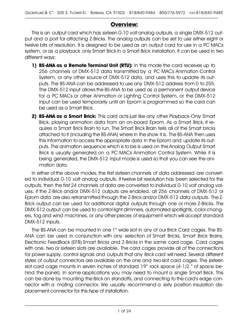 Overview | Gilderfluke&Co Analog Output Smart Brick (ver 2.nn w/Eprom memory) User Manual | Page 5 / 28