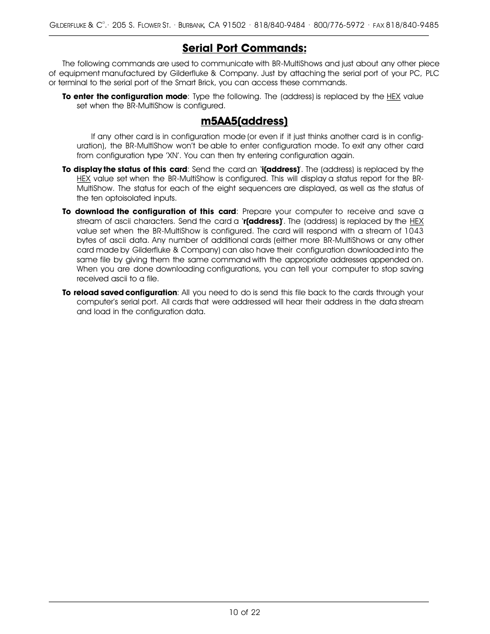 Serial port commands, M5aa5(address) | Gilderfluke&Co DMX-512 Output MultiShow Brick User Manual | Page 14 / 26