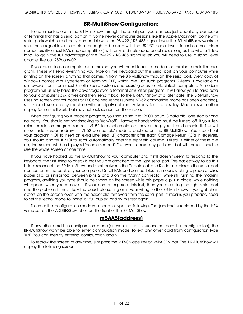 Br-multishow configuration, M5aa5(address) | Gilderfluke&Co DMX-512 Output MultiShow Brick User Manual | Page 15 / 26