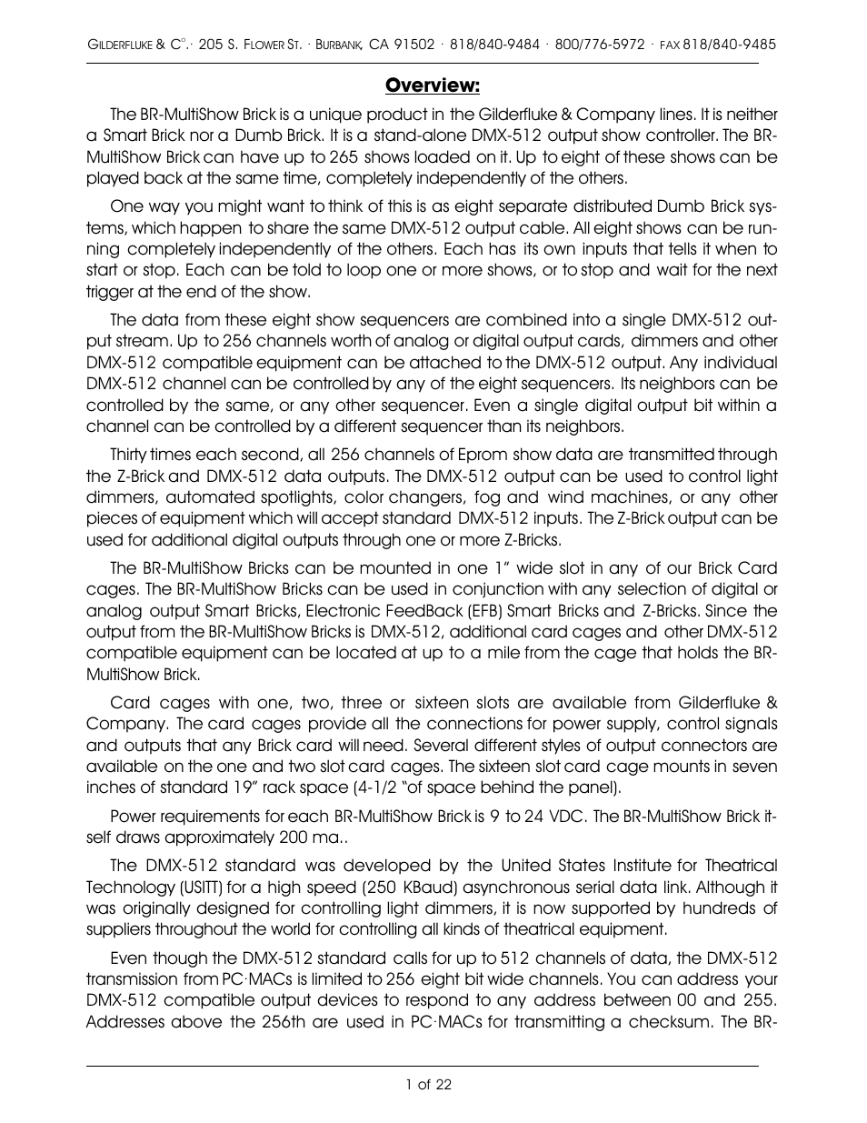 Overview | Gilderfluke&Co DMX-512 Output MultiShow Brick User Manual | Page 5 / 26