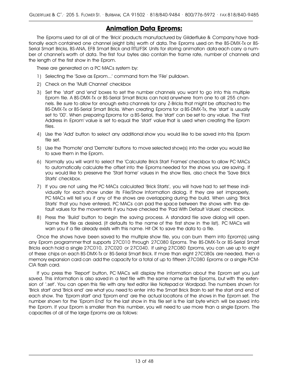 Animation data eproms | Gilderfluke&Co DMX-512, Serial, and MIDI Output Smart Bricks User Manual | Page 13 / 48