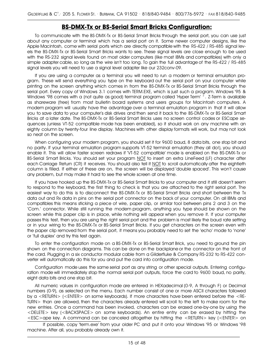 Bs-dmx-tx or bs-serial smart bricks configuration | Gilderfluke&Co DMX-512, Serial, and MIDI Output Smart Bricks User Manual | Page 15 / 48