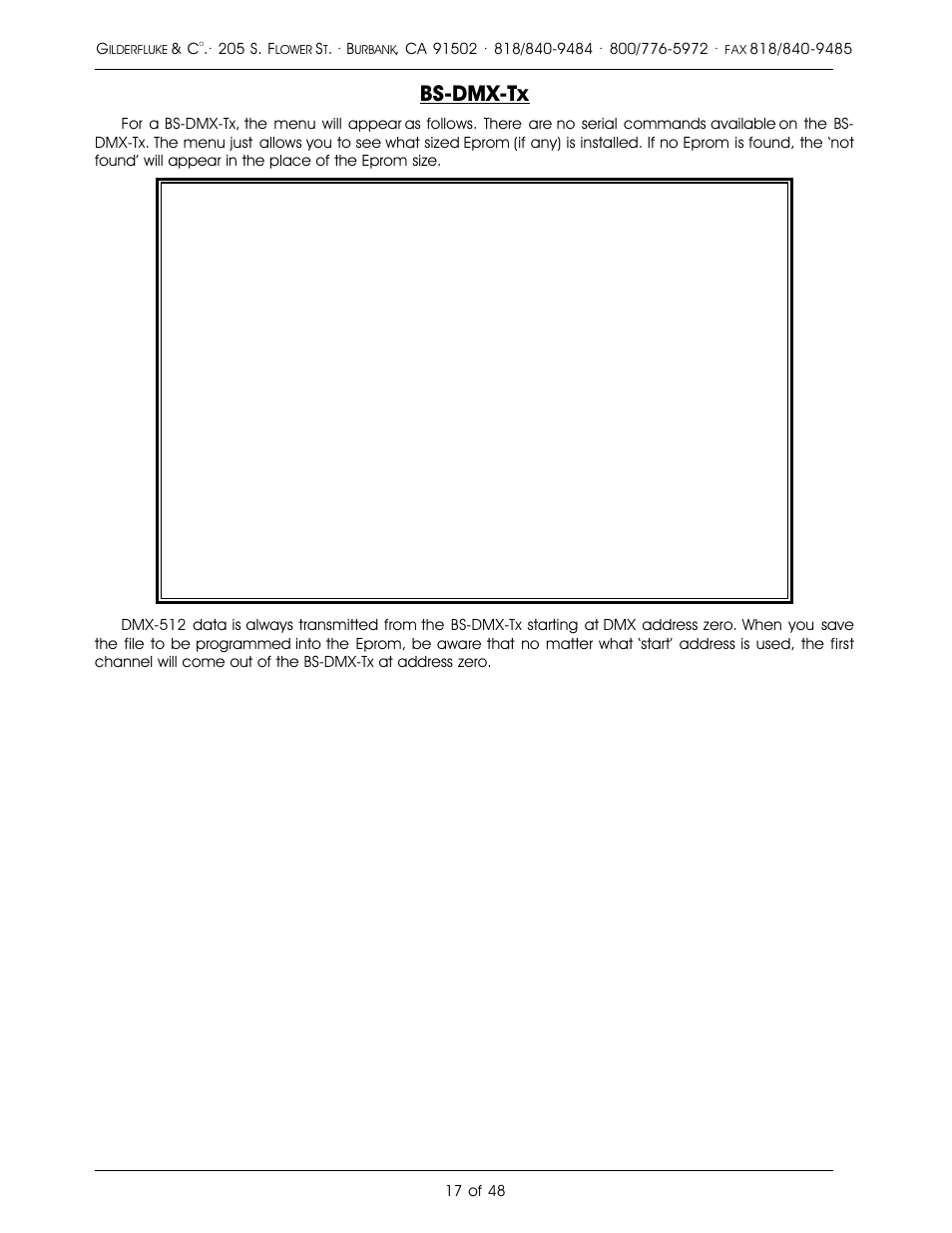 Bs-dmx-tx | Gilderfluke&Co DMX-512, Serial, and MIDI Output Smart Bricks User Manual | Page 17 / 48