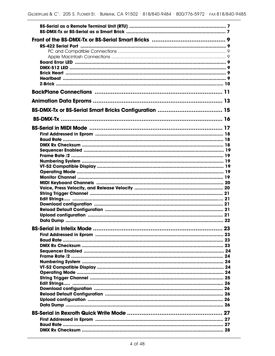 Gilderfluke&Co DMX-512, Serial, and MIDI Output Smart Bricks User Manual | Page 4 / 48