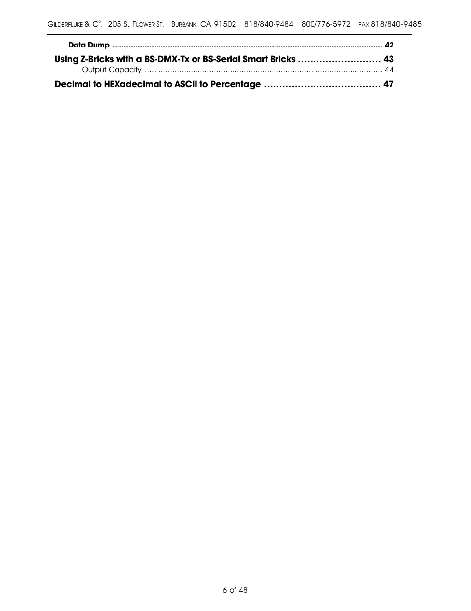 Decimal to hexadecimal to ascii to percentage | Gilderfluke&Co DMX-512, Serial, and MIDI Output Smart Bricks User Manual | Page 6 / 48