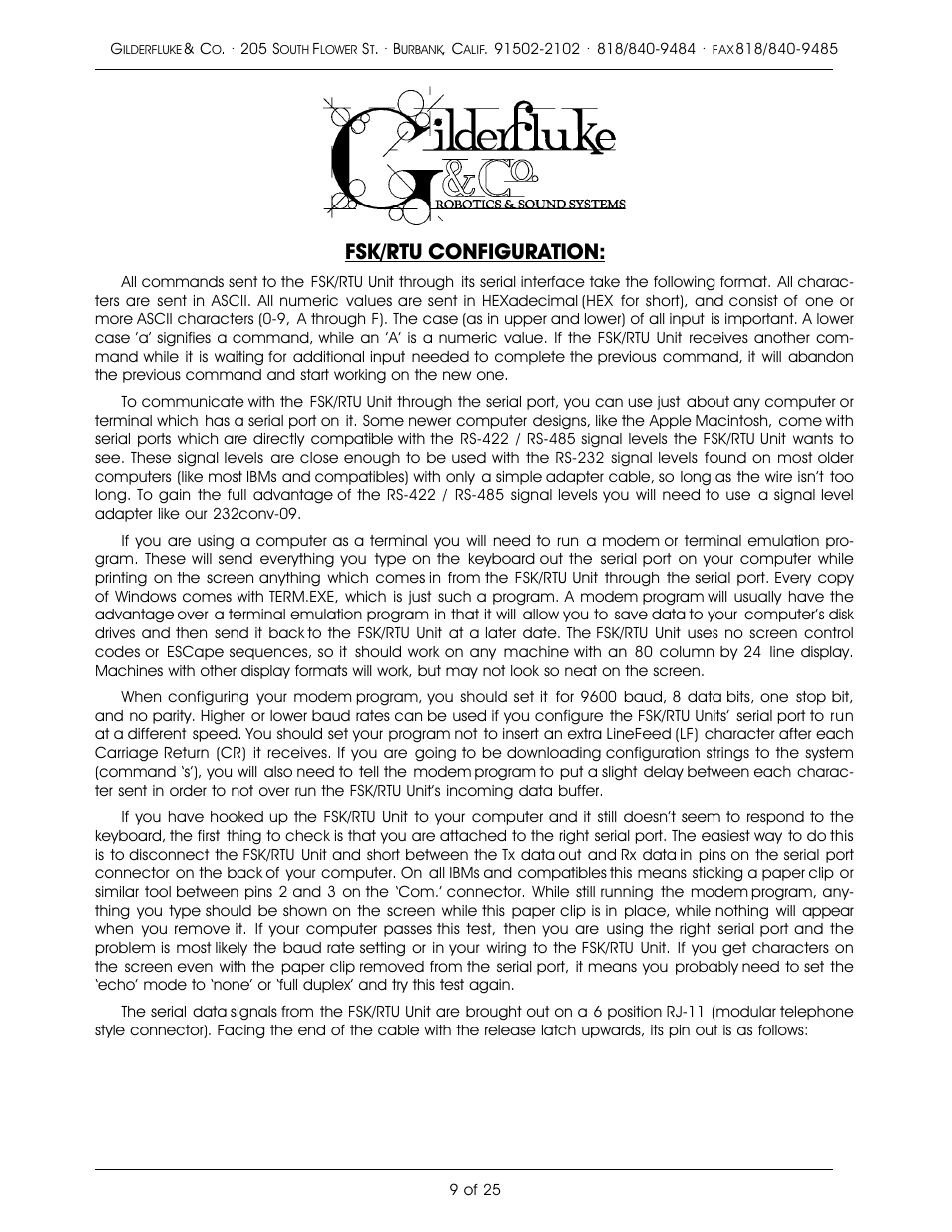 Fsk/rtu configuration | Gilderfluke&Co Frequency Shift Keyed/Remote Terminal Unit User Manual | Page 13 / 29