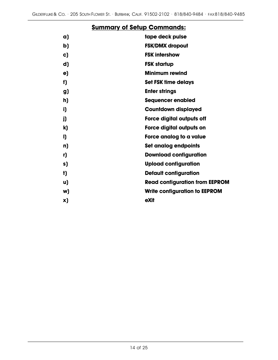 Summary of setup commands | Gilderfluke&Co Frequency Shift Keyed/Remote Terminal Unit User Manual | Page 18 / 29