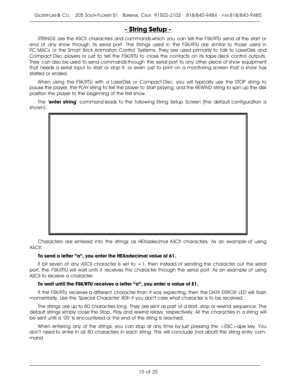 String setup | Gilderfluke&Co Frequency Shift Keyed/Remote Terminal Unit User Manual | Page 19 / 29