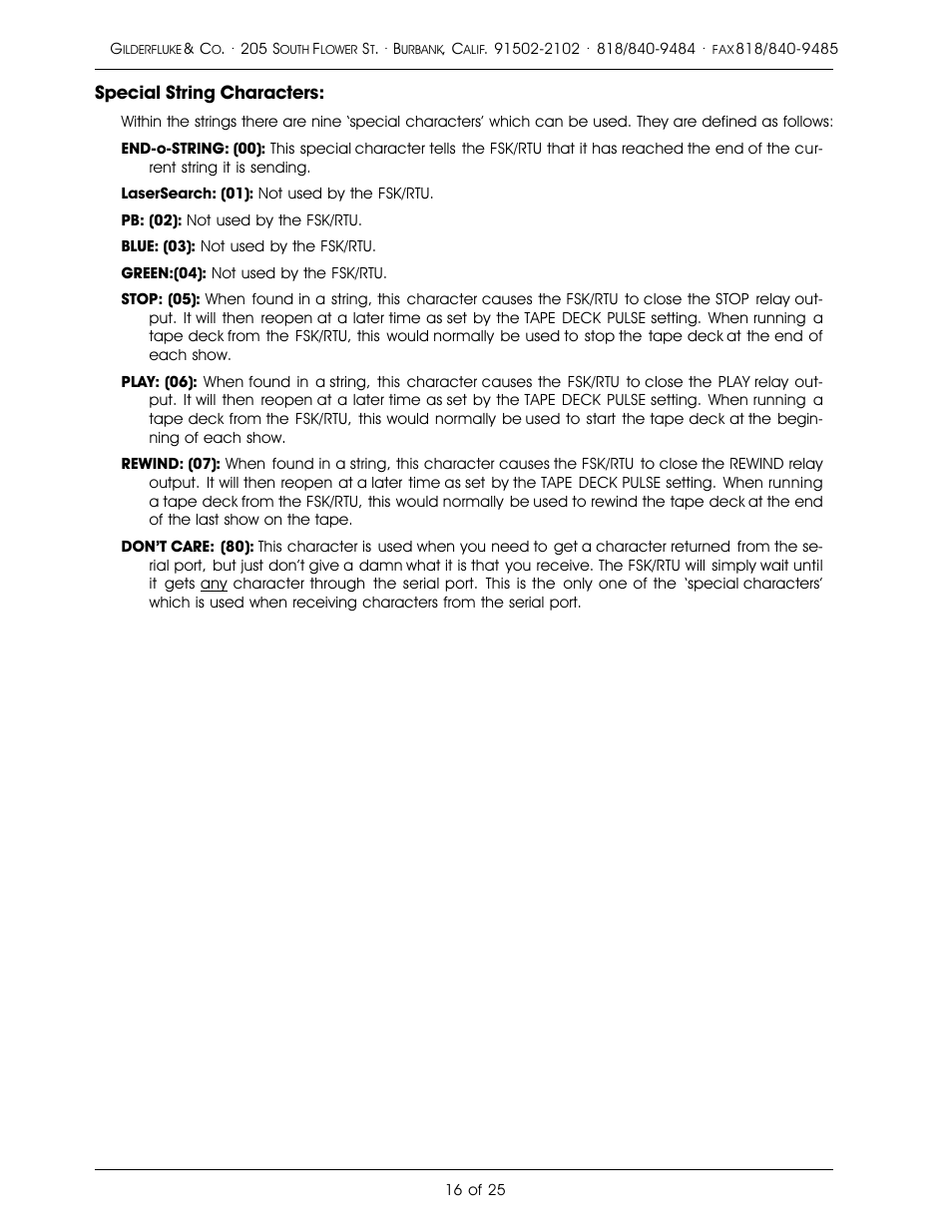 Special string characters | Gilderfluke&Co Frequency Shift Keyed/Remote Terminal Unit User Manual | Page 20 / 29