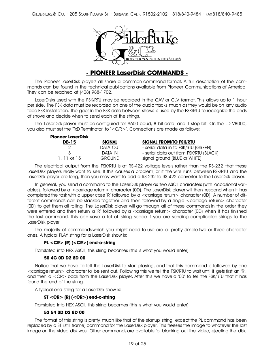 Pioneer laserdisk commands | Gilderfluke&Co Frequency Shift Keyed/Remote Terminal Unit User Manual | Page 23 / 29