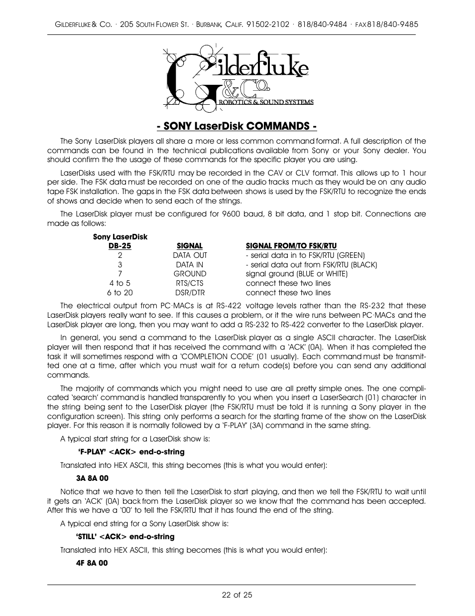 Sony laserdisk commands | Gilderfluke&Co Frequency Shift Keyed/Remote Terminal Unit User Manual | Page 26 / 29