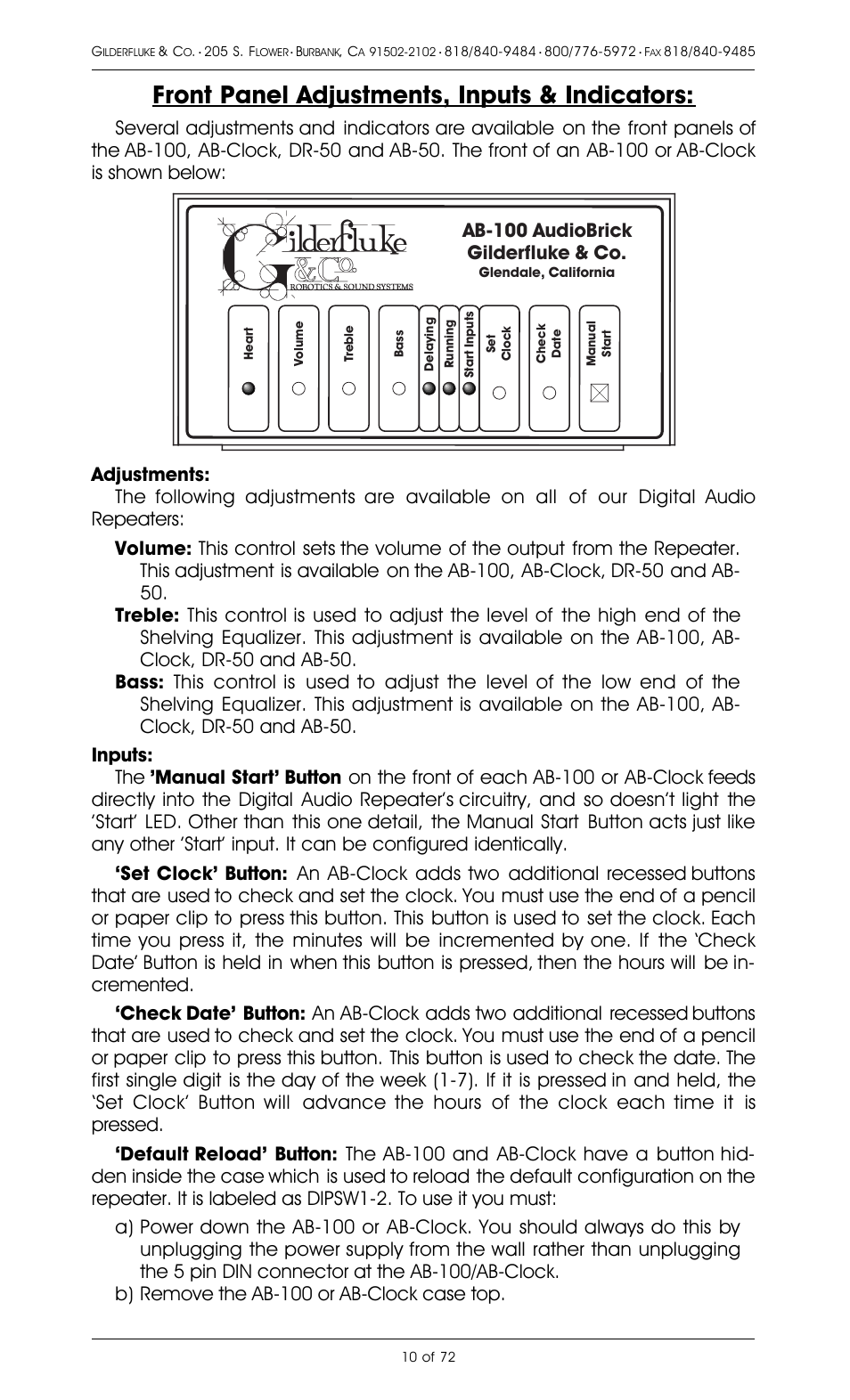 Front panel adjustments, inputs & indicators | Gilderfluke&Co 8 Bit Digital Audio Systems User Manual | Page 18 / 80