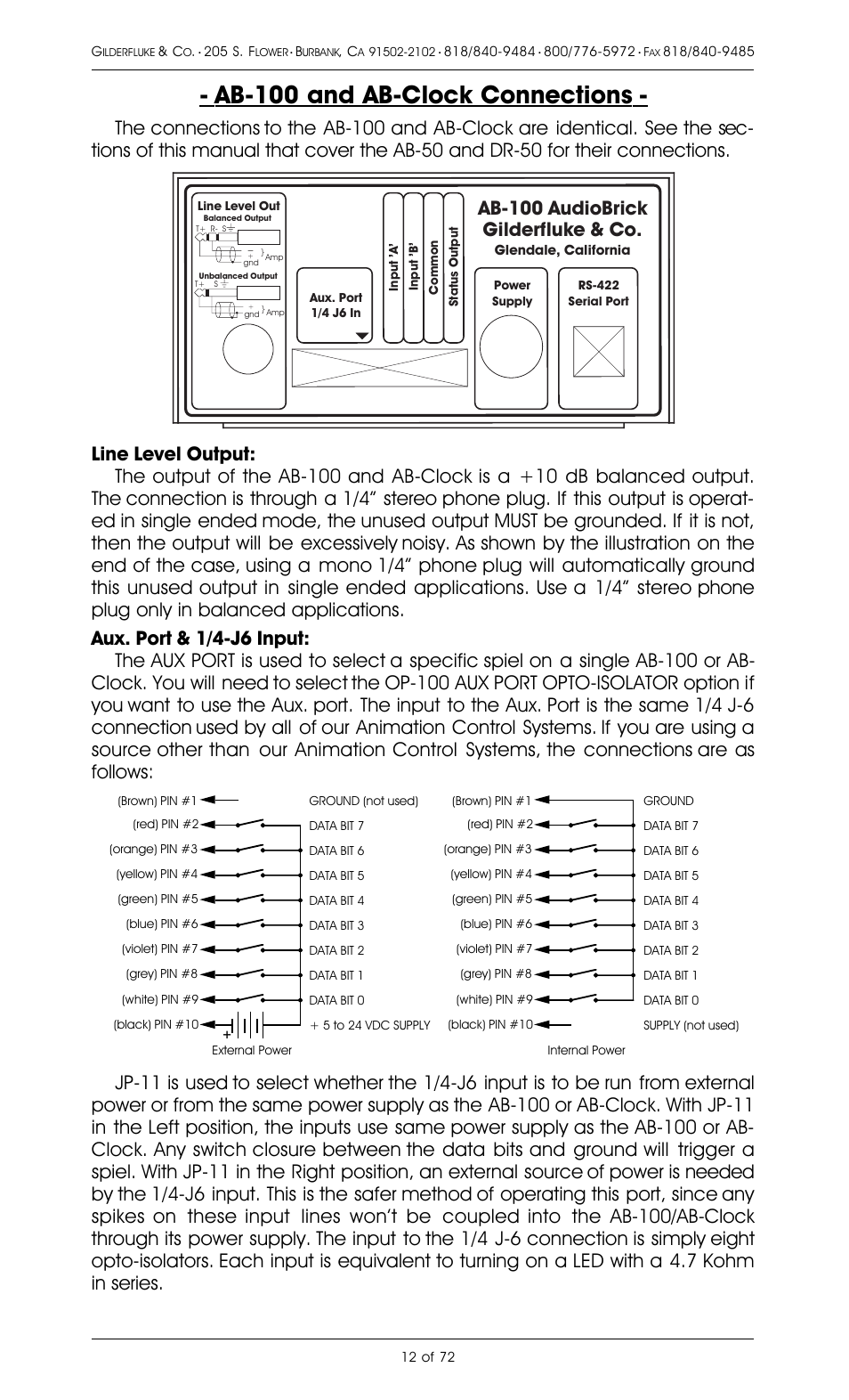 Ab-100 and ab-clock connections, Ab-100 audiobrick gilderfluke & co | Gilderfluke&Co 8 Bit Digital Audio Systems User Manual | Page 20 / 80