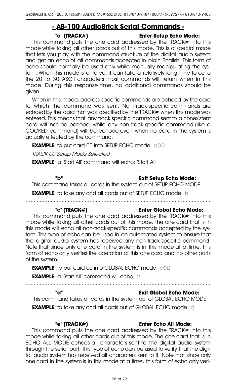 Ab-100 audiobrick serial commands, Track 00 setup mode selected | Gilderfluke&Co 8 Bit Digital Audio Systems User Manual | Page 36 / 80