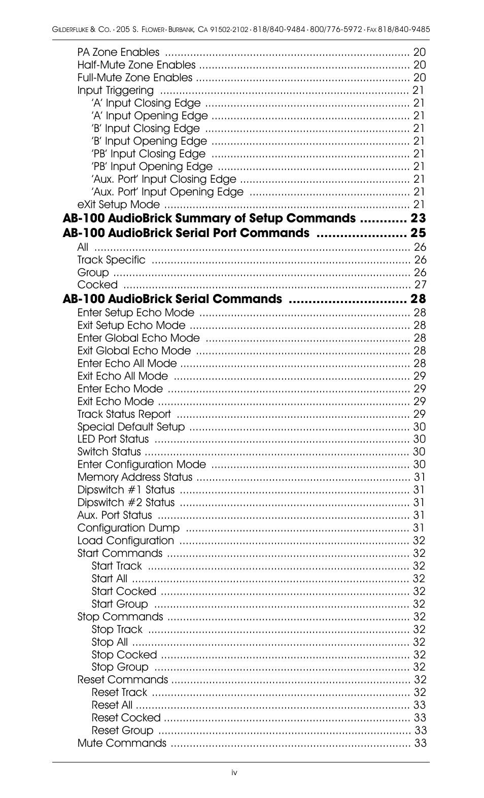 Ab-100 audiobrick serial commands, All track specific group cocked | Gilderfluke&Co 8 Bit Digital Audio Systems User Manual | Page 4 / 80