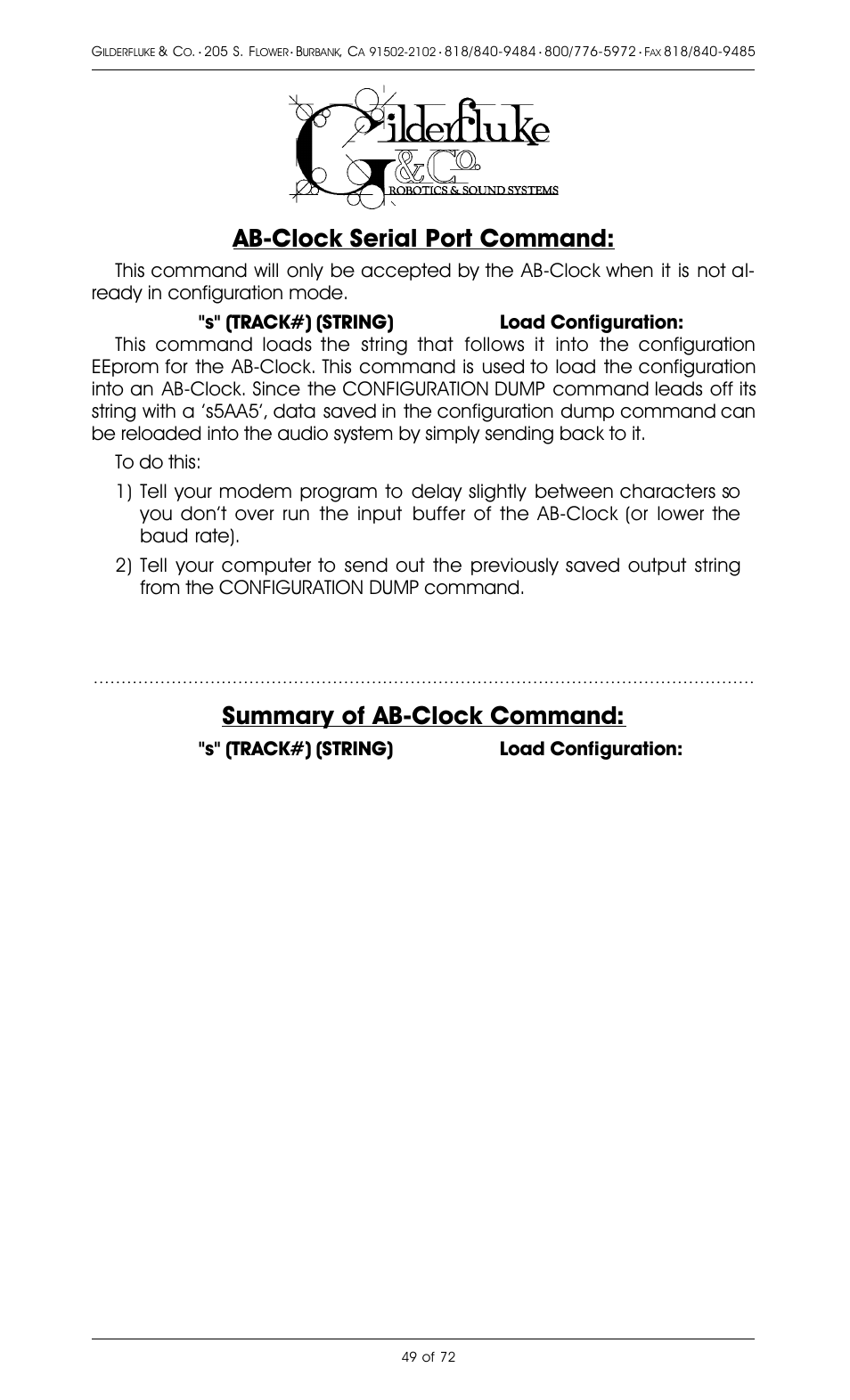 Ab-clock serial port command, Summary of ab-clock command, S" (track#) (string) load configuration | Gilderfluke&Co 8 Bit Digital Audio Systems User Manual | Page 57 / 80