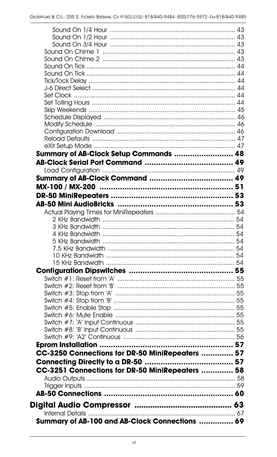 Digital audio compressor, Configuration dipswitches, Ab-50 connections | Summary of ab-100 and ab-clock connections, Load configuration, Audio outputs trigger inputs, Internal details | Gilderfluke&Co 8 Bit Digital Audio Systems User Manual | Page 6 / 80
