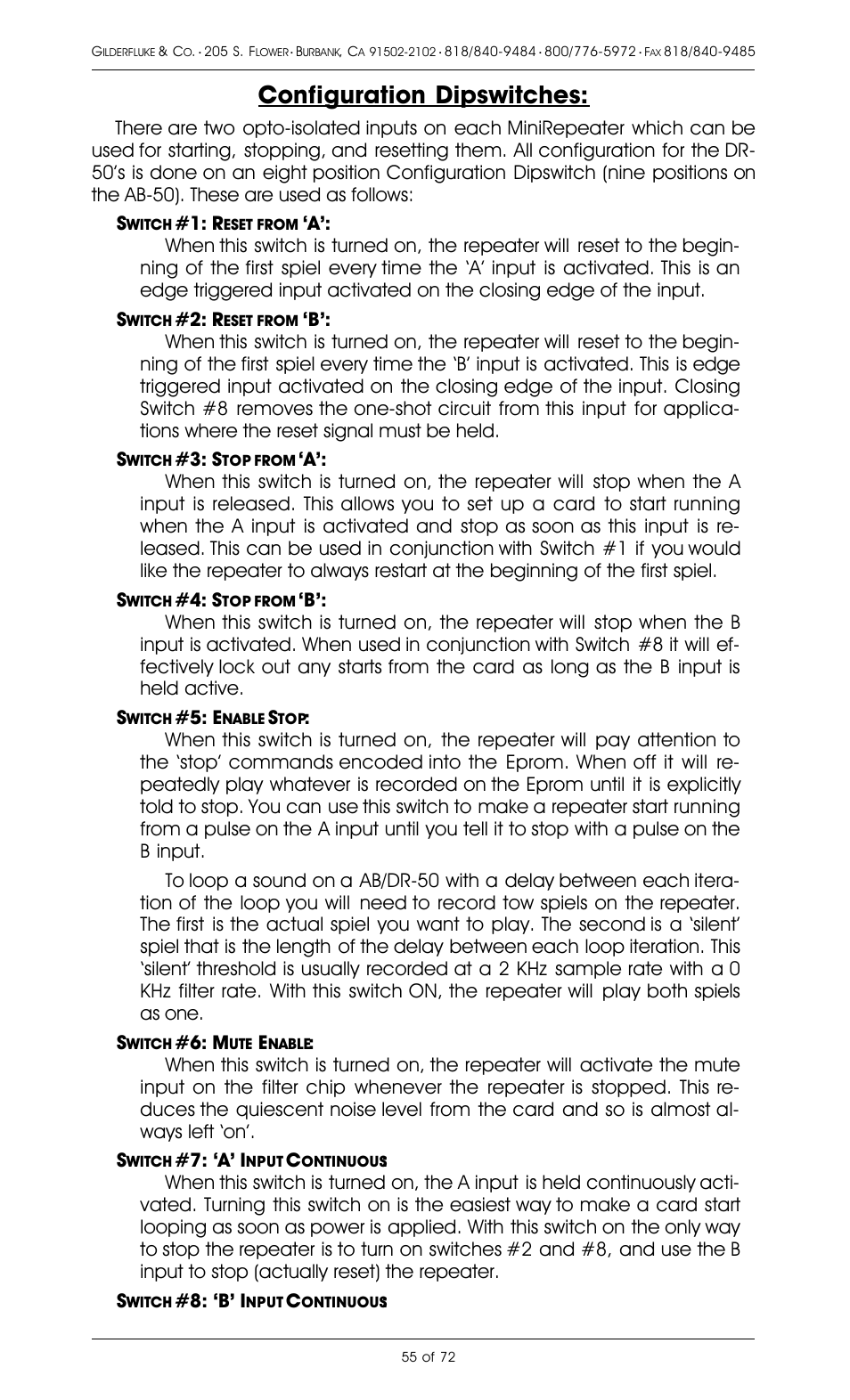 Configuration dipswitches | Gilderfluke&Co 8 Bit Digital Audio Systems User Manual | Page 63 / 80
