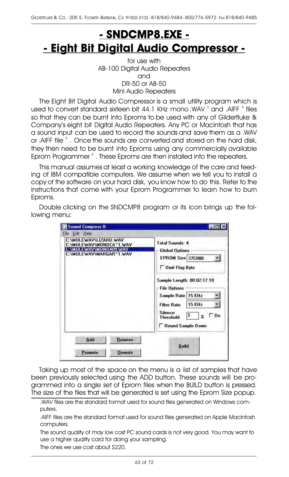 Sndcmp8.exe - - eight bit digital audio compressor, And .aiff | Gilderfluke&Co 8 Bit Digital Audio Systems User Manual | Page 71 / 80