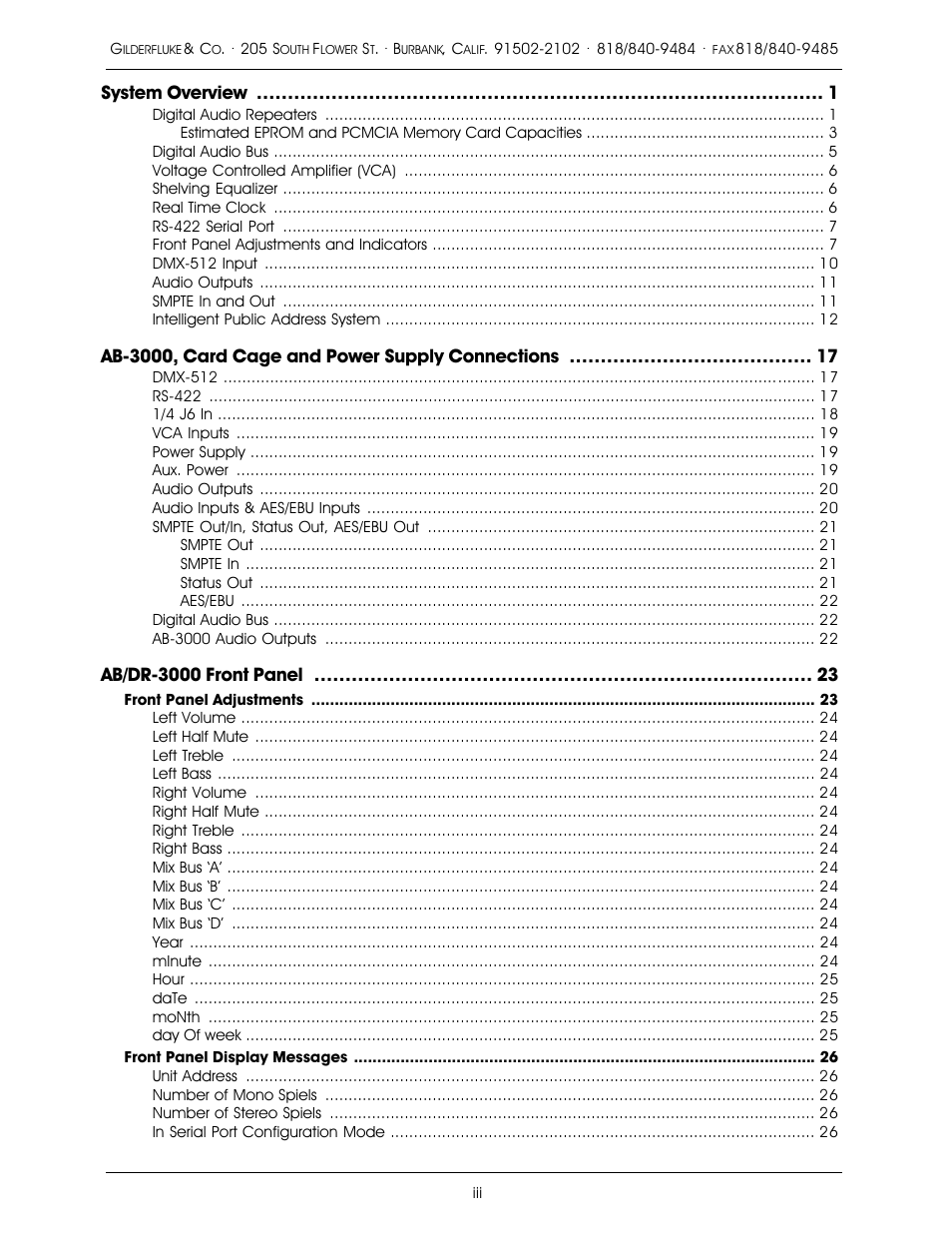 System overview, Ab-3000, card cage and power supply connections, Ab/dr-3000 front panel | Gilderfluke&Co 16 Bit CD-Quality Digital Audio Systems User Manual | Page 3 / 100