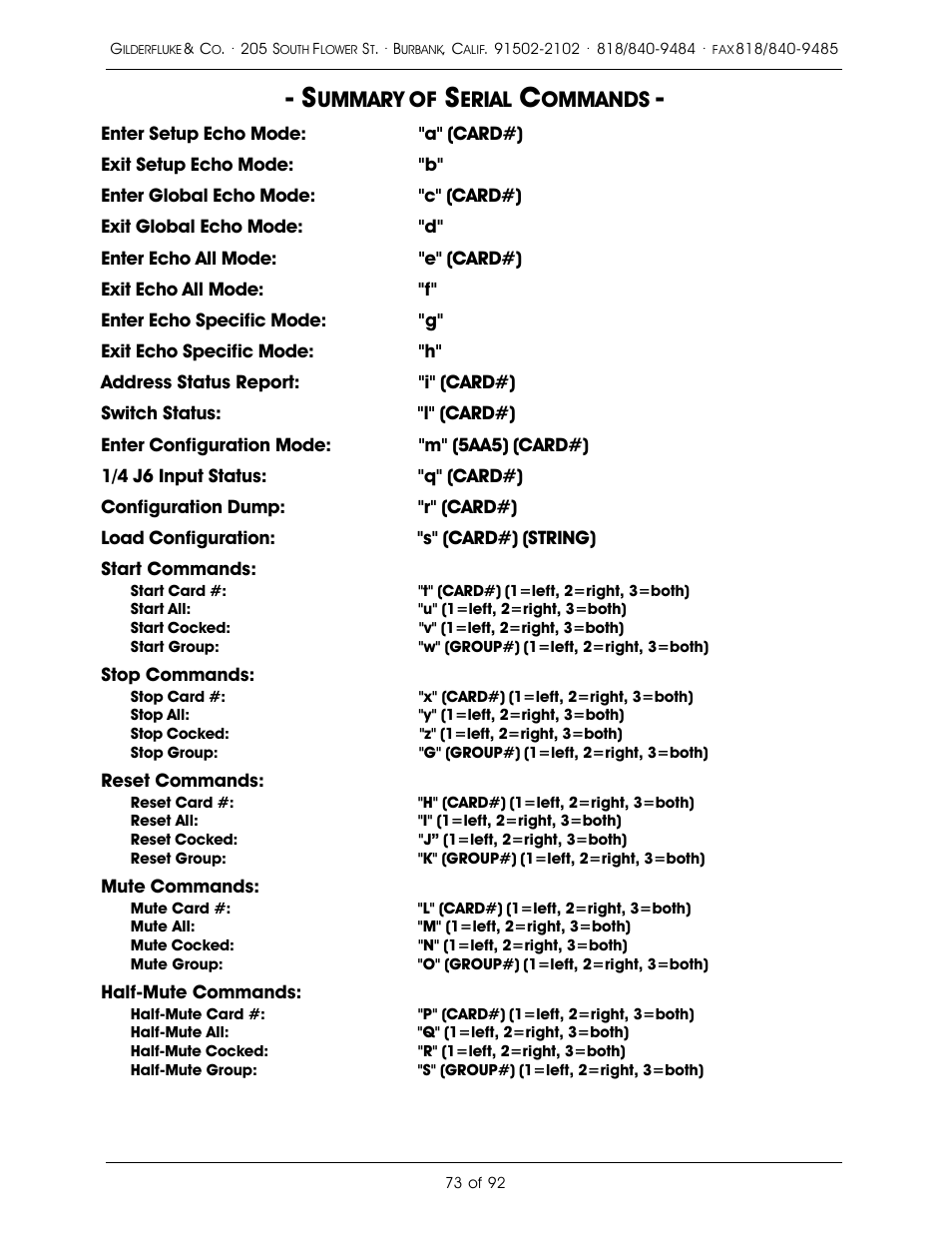 Ummary of, Erial, Ommands | Gilderfluke&Co 16 Bit CD-Quality Digital Audio Systems User Manual | Page 81 / 100