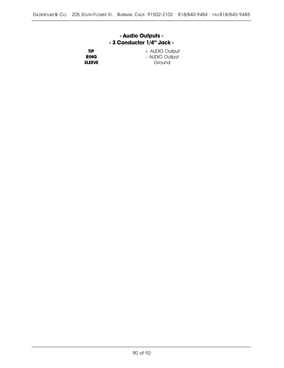 Audio outputs conductor 1/4ó jack | Gilderfluke&Co 16 Bit CD-Quality Digital Audio Systems User Manual | Page 98 / 100